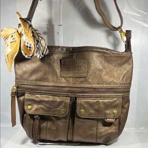 Fossil Metallic Brown Shoulder Bag with Plaid Accent